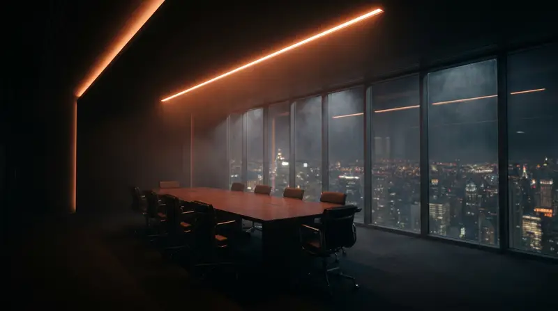 An empty corporate boardroom with an orange ceiling strip overlooking a city skyline