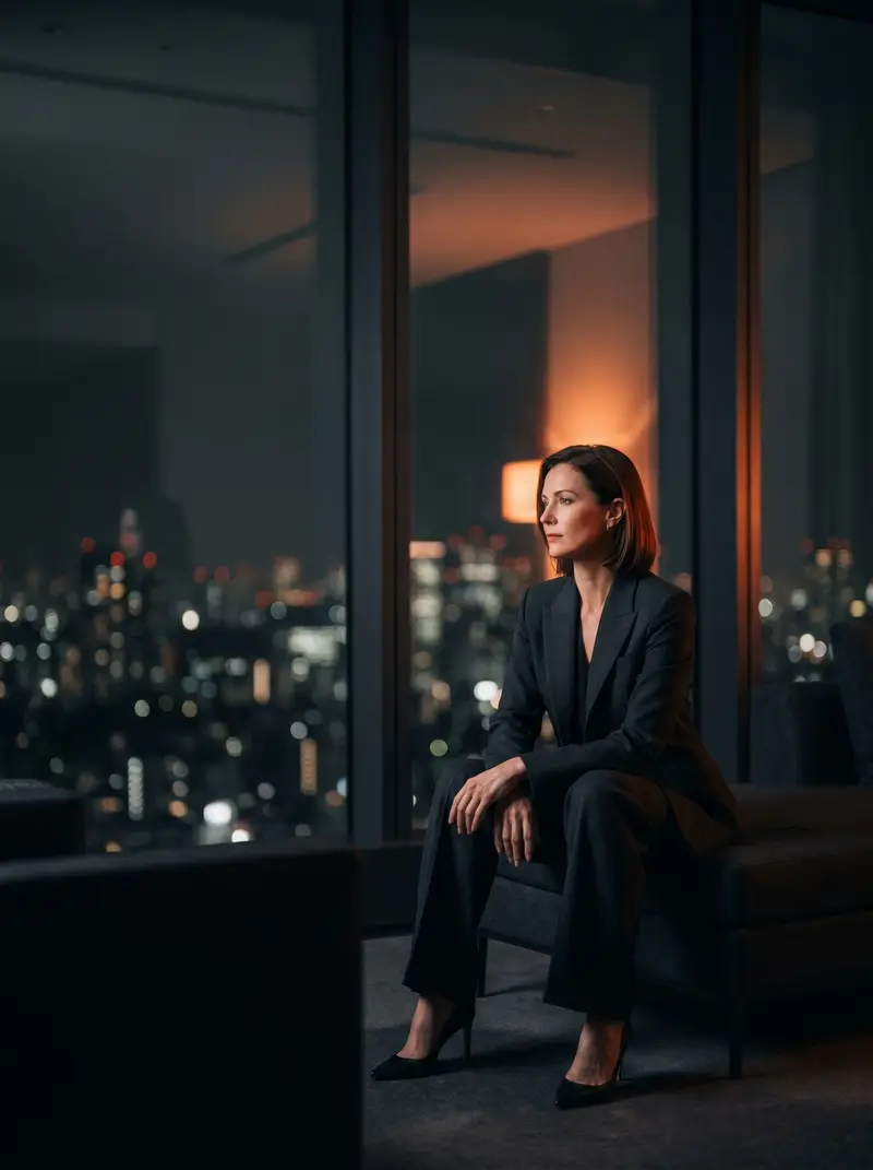 An elegant woman stands by a window overlooking a city at night