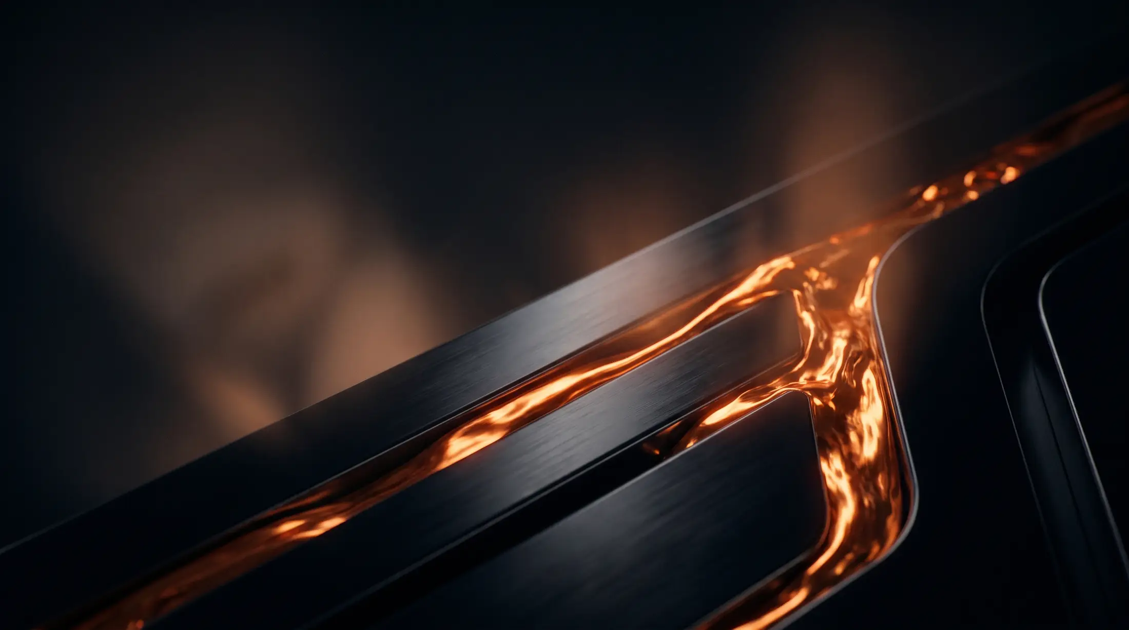 Molten orange liquid flowing through black channels