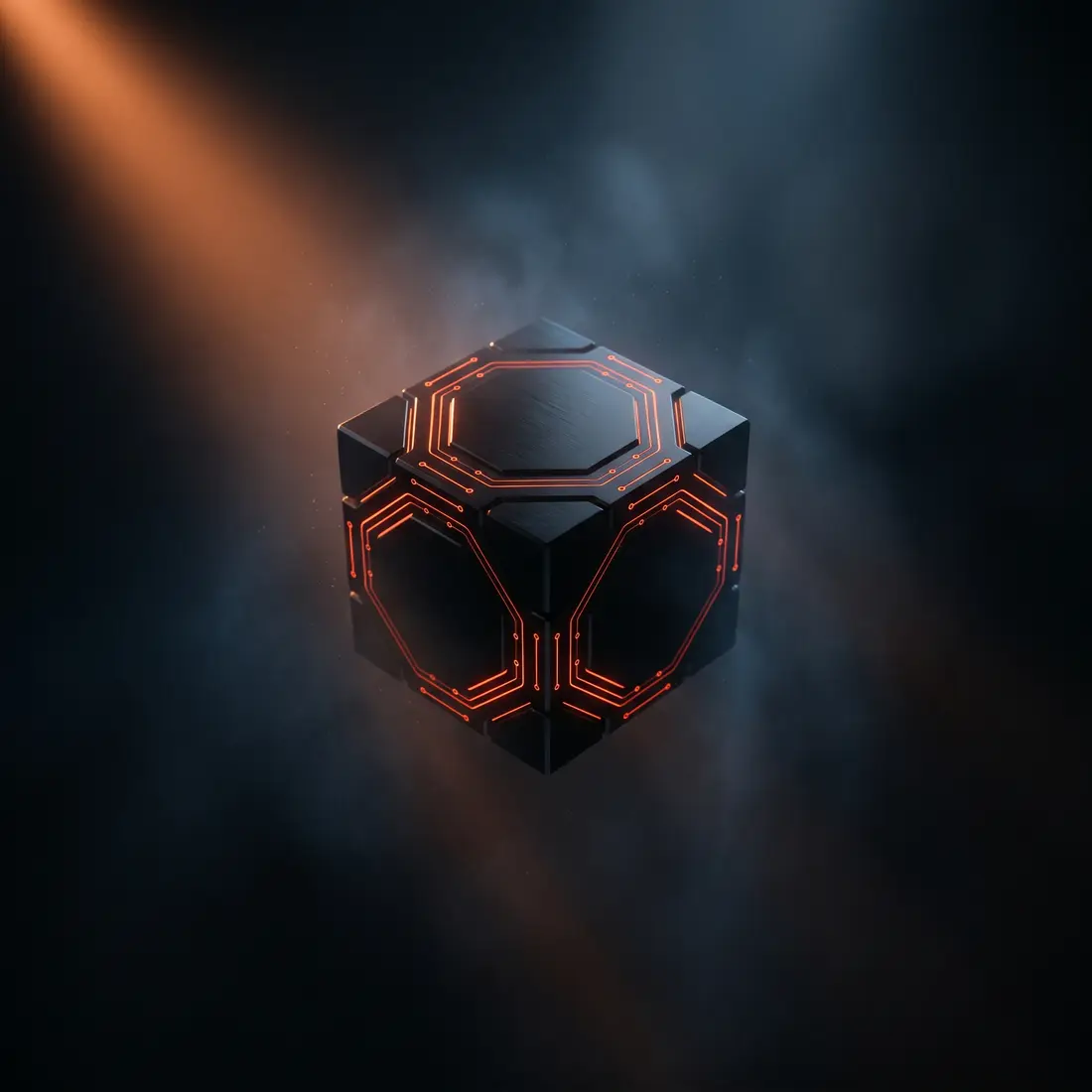 An obsidian cube laced with glowing orange circuitry