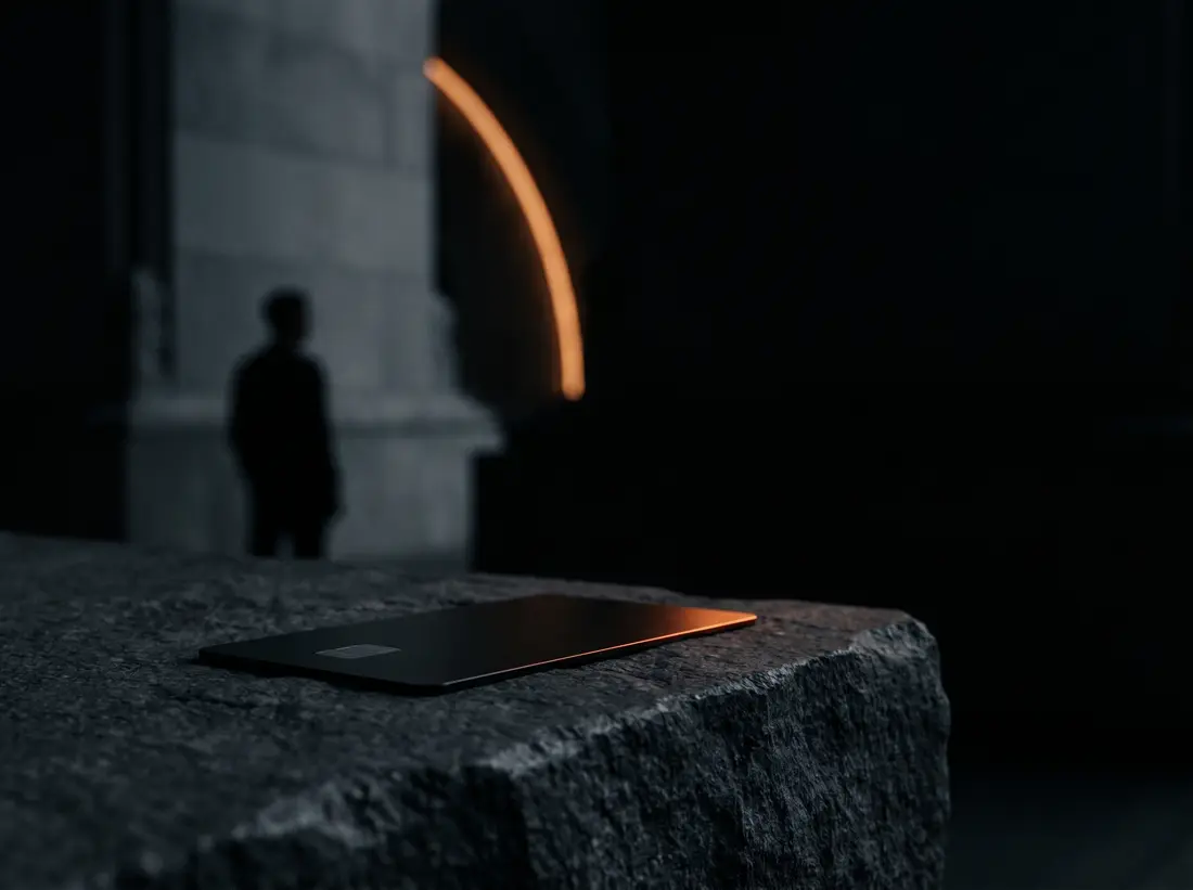 A matte-black payment card resting on stone beneath a glowing orange arch