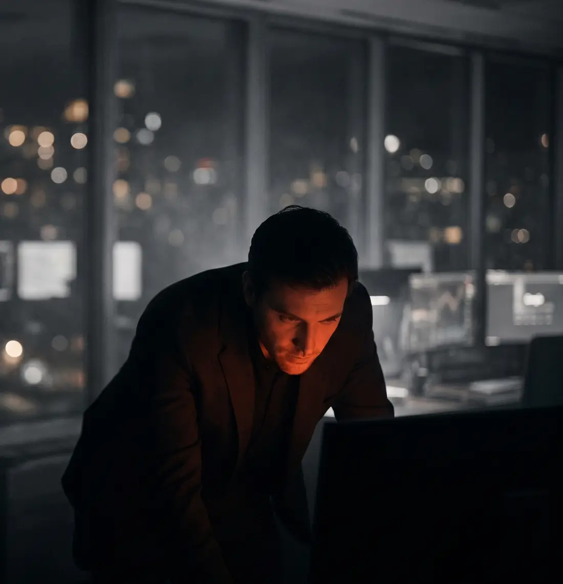 A financial analyst working late at night, illuminated by screen light