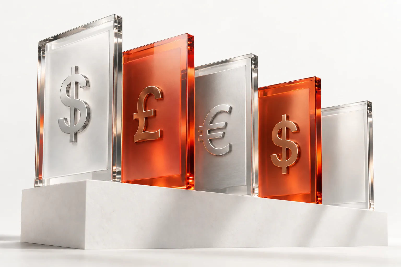 Glass currency plaques for US dollar, pound, euro and Canadian dollar in the DITC palette