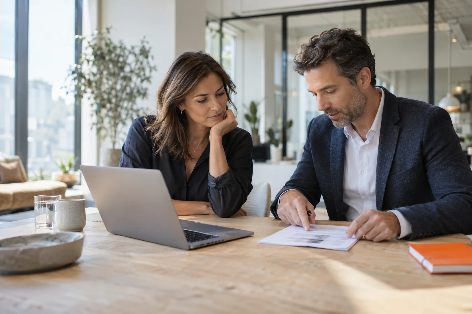 Two professionals discussing an international business requirement in a bright contemporary workspace