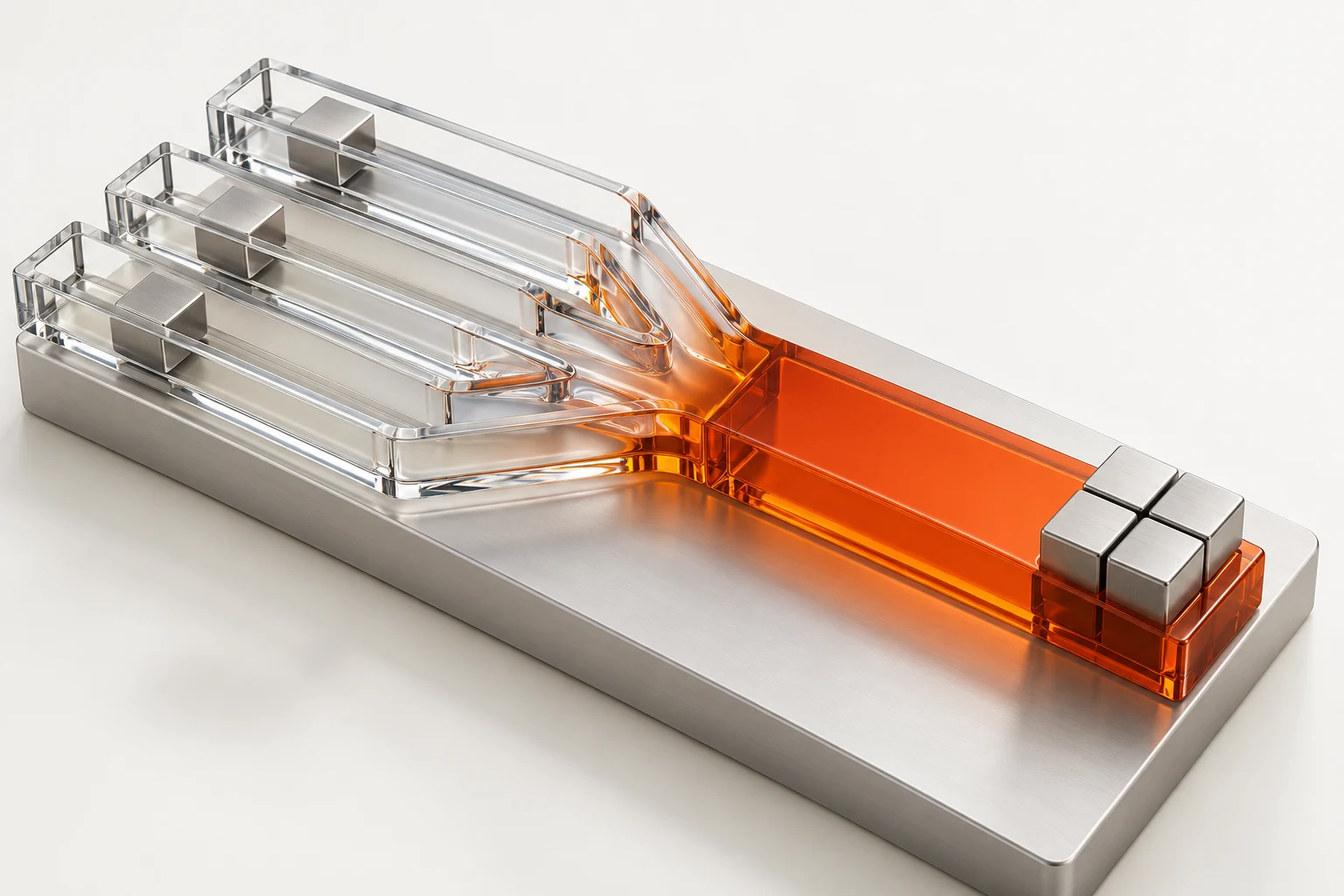 Three precision glass channels converge into a single orange settlement channel